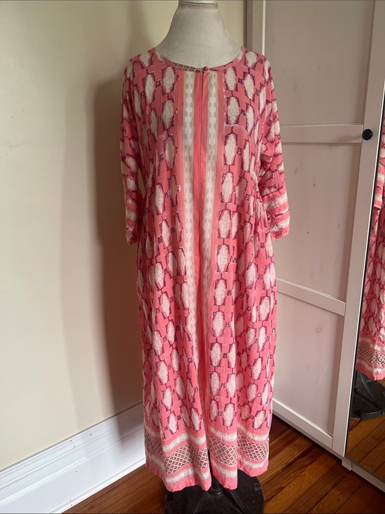 Kerry Cassill Dresses & Skirts - Kerry Cassill Pink Block Print Cotton Midi Dress Kaftan Pockets Size M/L Boho